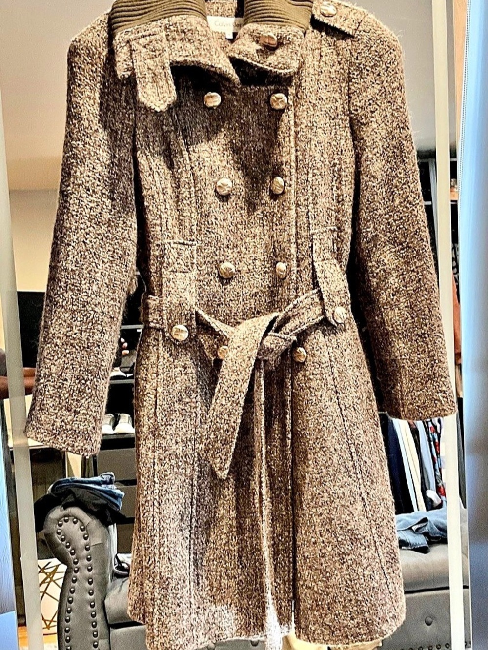 Calvin Klein Tweed Trench Coat with Ribbed Collar Brown Size 14